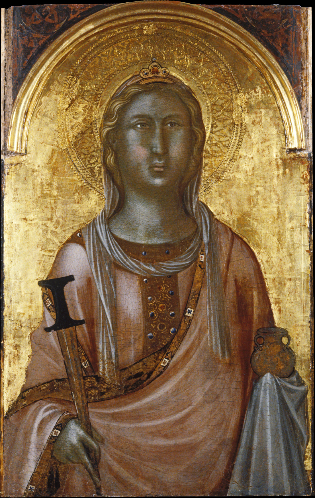 Saint Lucy, by Niccolò di Segna mid 14th-century Sienese painting, c. 1340. The saint holds the dagger or sword with which she was ultimately executed and the lamp, her attribute.